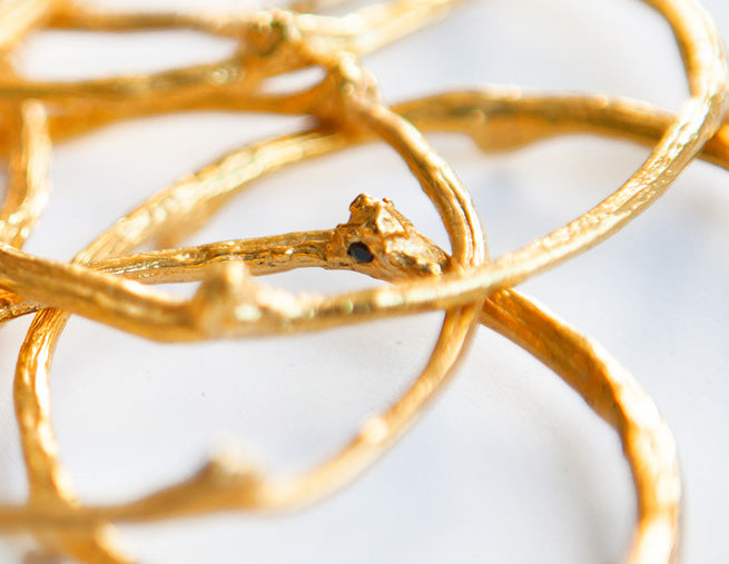 Gold branch bangle, natural sapphire, recycled bronze, sustainable gold branch bangle. Gold brach bracelet